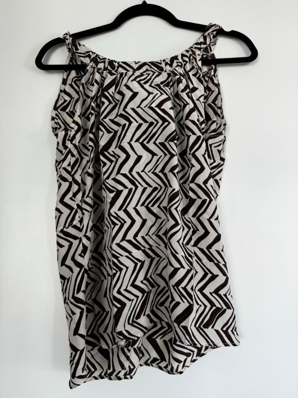 MARNI at H&M silk summer top, cream-brown geometric pattern